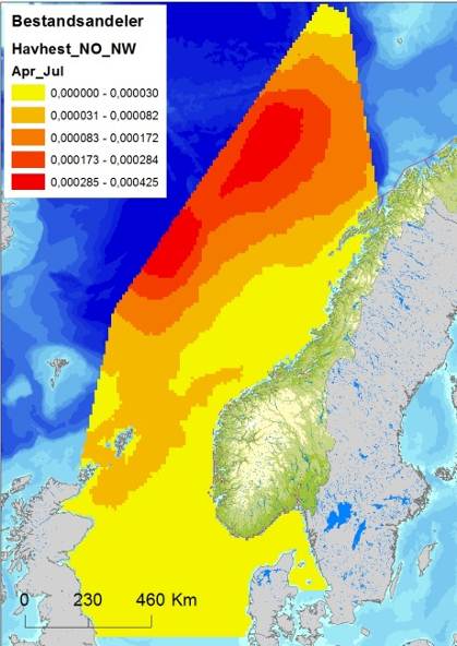 Figur 7-16 Fordeling av havhest (Fulmarus glacialis) i Nordsjøen og Norskehavet, i sommer (april-juli), høst (august-november) og vintersesongen (november-mars), basert på modellerte data (Seapop,