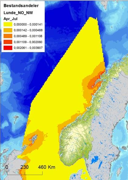 Figur 7-20 Fordeling av lunde (Fratercula arctica) i Nordsjøen og