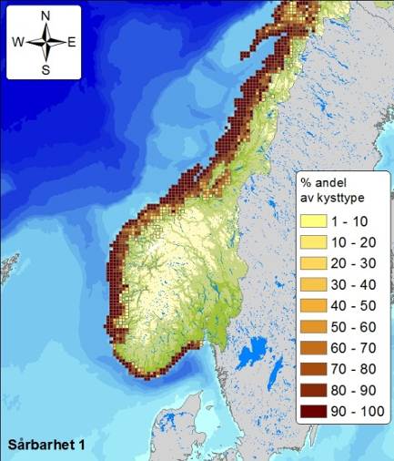 Figur 7-28 Andel (%) av strandtype med sårbarhet 1, 2 eller 3 (3 indikerer høyest sårbarhet, og 1 indikerer lavest sårbarhet) per 10 10 km rute langs kysten av Norge.