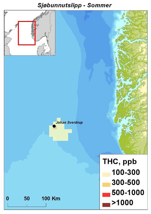 Figur 3-17 Beregnet gjennomsnittlige THC konsentrasjoner ( 100 ppb) i 10 10 km sjøruter gitt en sjøbunnsutblåsning fra Johan Sverdrup i hver sesong for Scenario 2.