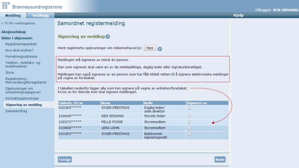 Signering av endringsmelding: Bruk «Hent»-knappen for å hente alle registrerte roller.