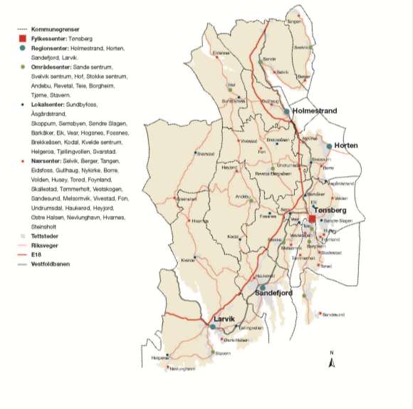 2.2 Senterstruktur og handel i Vestfold Figur 1 Kartskissen viser senterstrukturen i Vestfold Vestfold kan sees på og oppleves som en region med felles arbeids- og boligmarked.