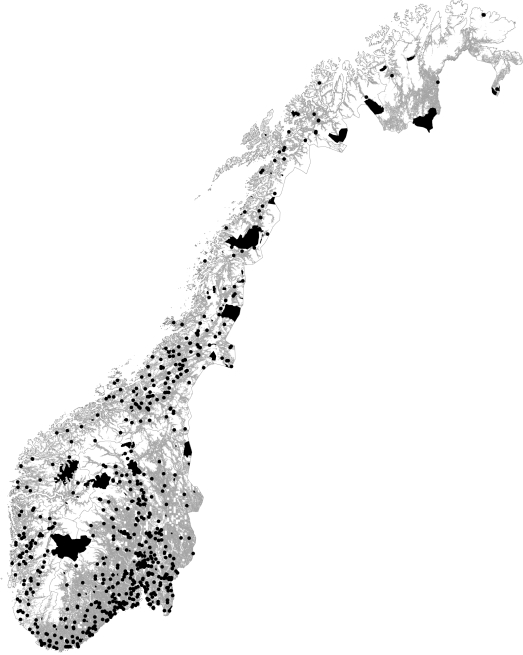 Figur 4.1 Kart med den geografiske fordelingen av verneområdene (kun de som har digital kartsignatur, jf kap. 4.1), sett i forhold til fordelingen av skog i Kartverkets N250-serie.