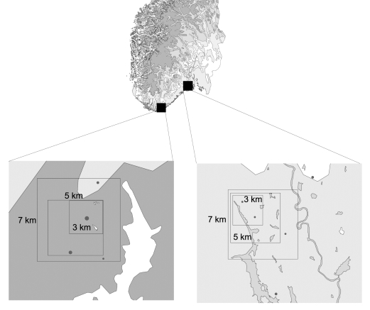 Figur 5.5 Eksempel på hvordan reservatgrupper kan letes opp ved hjelp av GIS-verktøy.