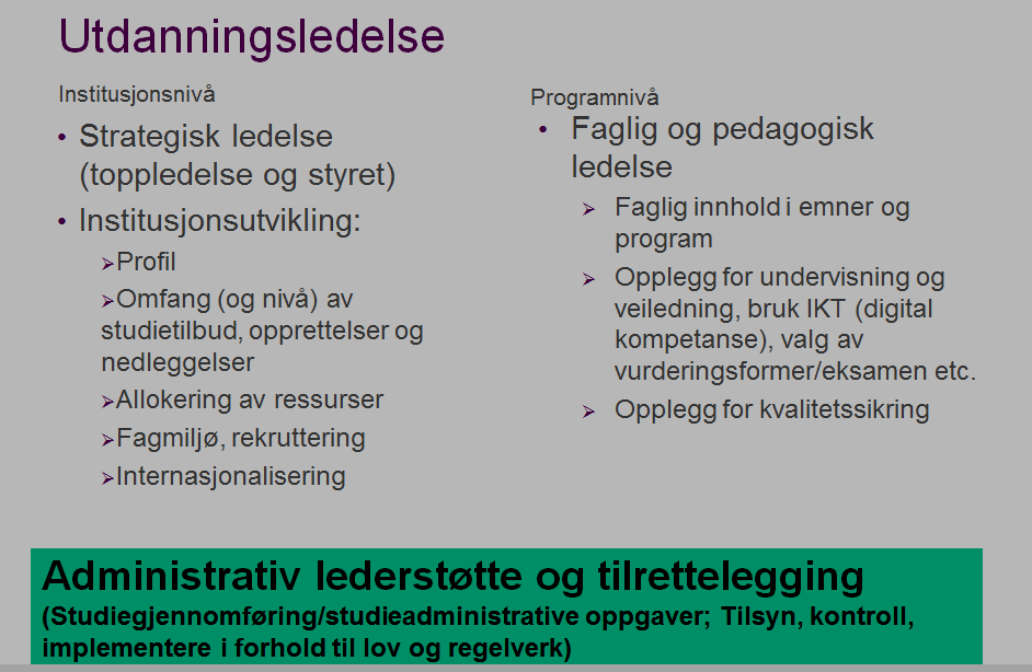 34 Ulike forståelser av kvalitet i norsk, fleksibel høyere utdanning Figur 1: Illustrasjon på utdanningsledelsen ved en høyere utdanningsinstitusjon På det enkelte læresteds øverste nivå (inkludert