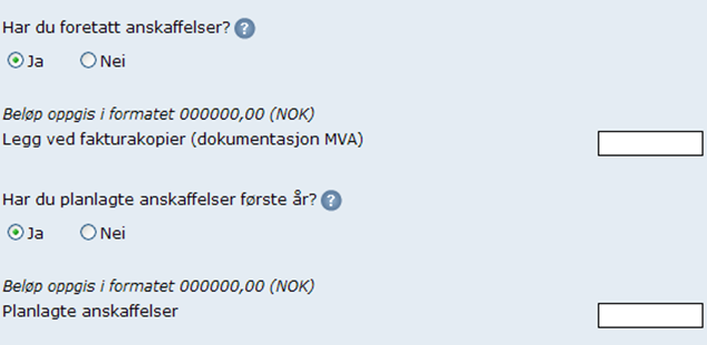 Det er viktig at du legger ved fakturakopier som viser hva som er anskaffet. Disse skal sendes inn sammen med skjemaet (velg vedleggstype «dokumentasjon MVA»).