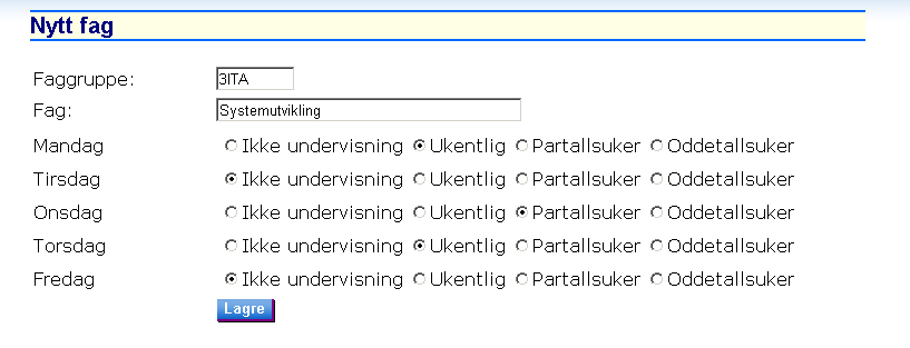 net til å skrive periodeplaner (se kapittel 3.8), må du legge inn de fag du vil skrive periodeplaner for. Du legger inn nye fag ved å museklikke Nytt fag linken.