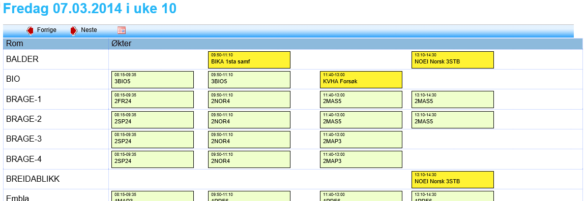 Sterk grønn indikerer at flere grupper er lagt på samme time Gul farge indikerer at en reservasjon er foretatt Ved å museklikke på timene i oversikten, vil du få frem et dialogvindu som viser mer