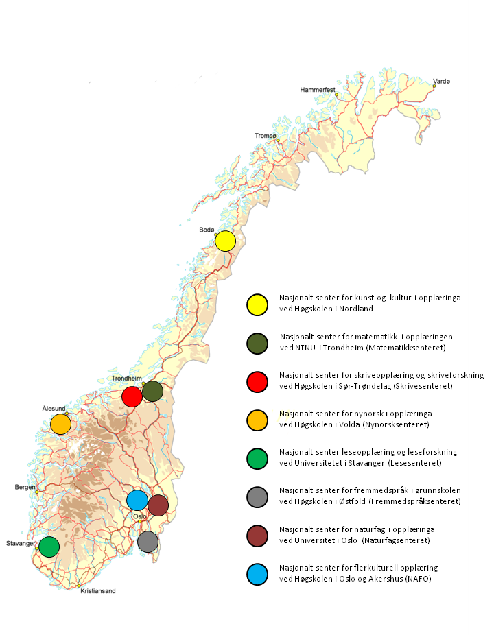 Disse åtte sentrene er ikke bare faglig, men også geografisk spredt, noe som fremgår av figur 1.1: Figur 1.1: Geografisk oversikt over de åtte nasjonale sentre i evalueringen.