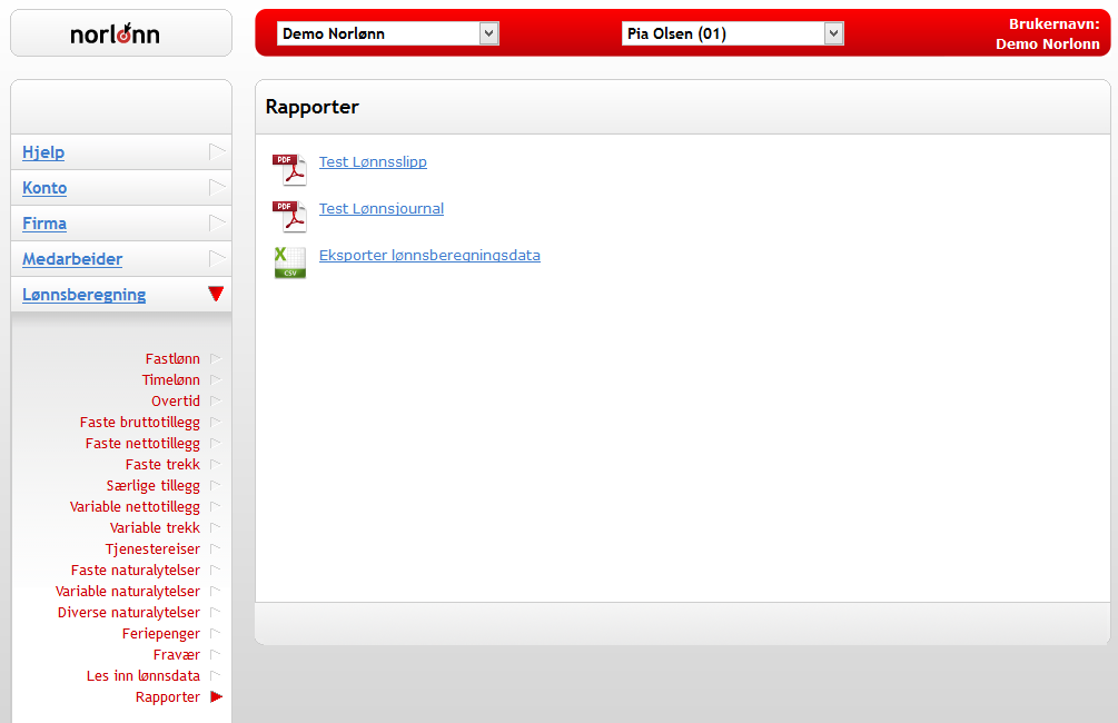 I menyen Rapporter har du muligheten for å hente en test lønnsslipp og en test lønnsjournal som du kan bruke for å kontrollere lønnsberegningene før du kjørere perioden.