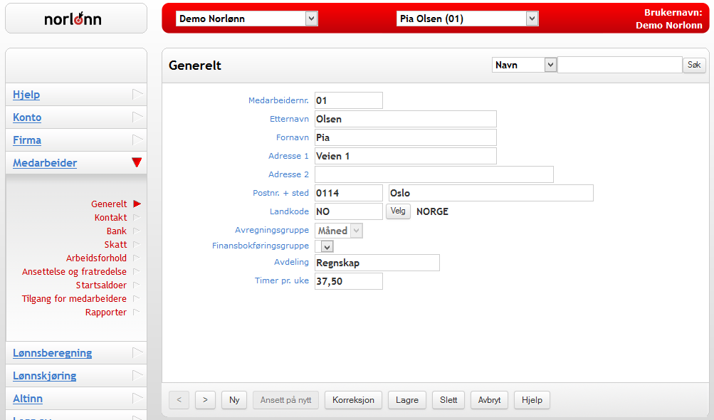 Medarbeider oppsett Velg menypunktet Medarbeider, Generelt. For å opprette en ny medarbeider må du minst fylle ut feltene Medarbeidernr.