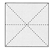 Brett kvadratet langs begge diagonalene (fig 1). Brett ut igjen og brett så kvadratet i to like rektangler (fig 2).