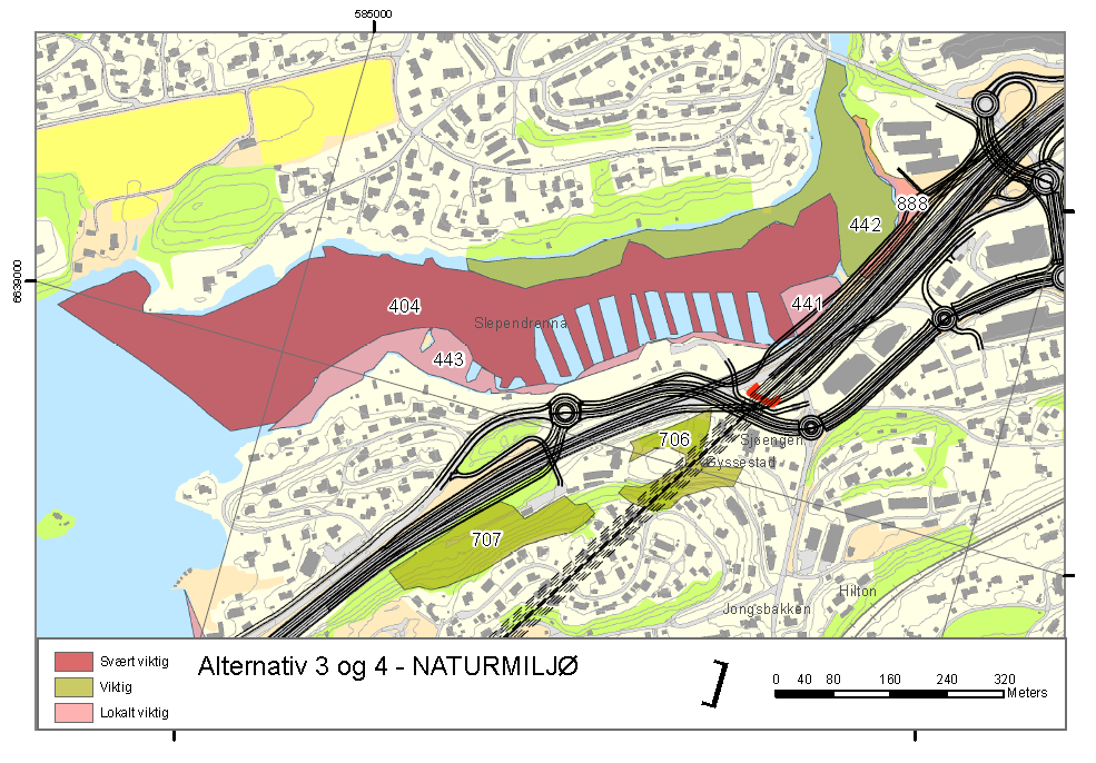 ----------- ----------- Konsekvens Kjørbo IV: Alternativ 3 og 4: Stor verdi og middels negativt omgang gir middels - stor negativ konsekvens (- -/- - -) BN00044404, Slependrenna Ålegras-samfunn