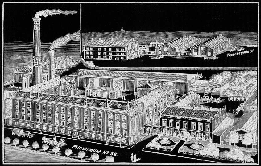 Tegning av Conrad Langaards tobakkfabrikker i Pilestredet og Theresesgate i Kristiania I de første oversiktene over industrien i Norge på 1830-tallet var tobakksfabrikkene en av de største