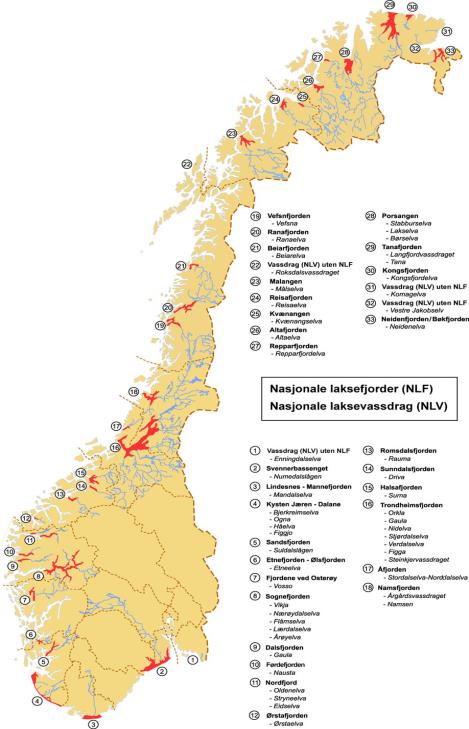 Nasjonale laksevassdrag og fjorder Formålet er å gi et utvalg av de viktigste laksebestandene en særskilt beskyttelse mot skadelige inngrep og aktiviteter i vassdrag og mot oppdrettsvirksomhet,