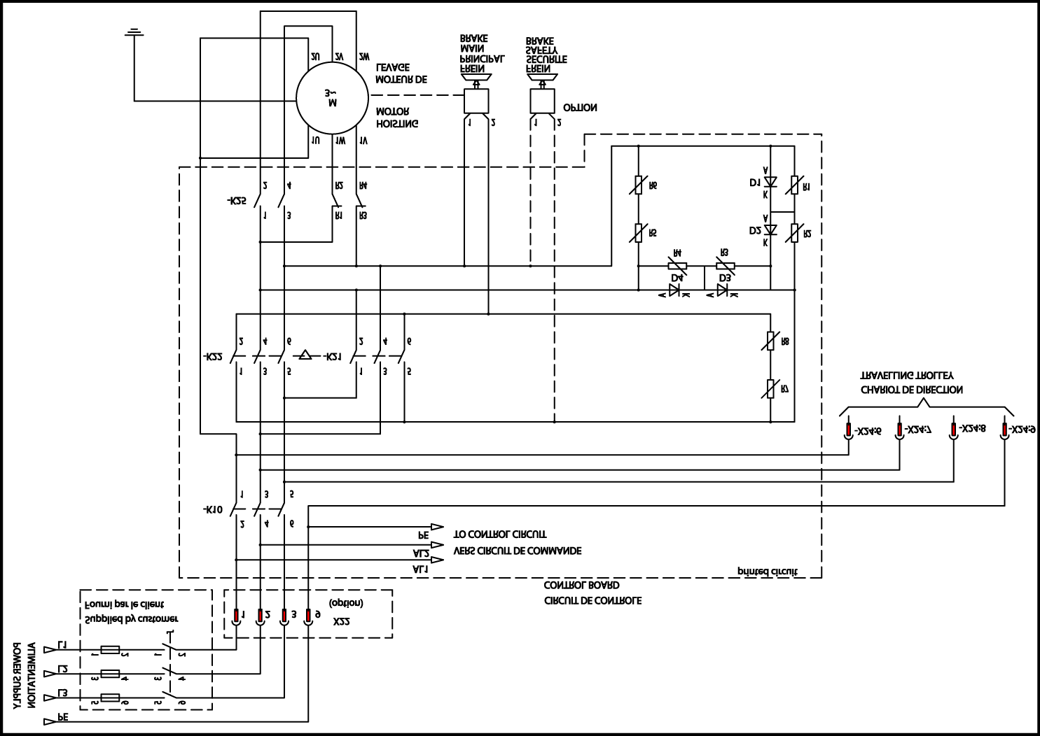 9-3 Strømdiagram D Leveres av kunde B Elektrisk løpekatt E Bremser F1-F2-F3 Sikring M Motor Q1 Hovedbryter K10 Nødstoppkontaktor K21