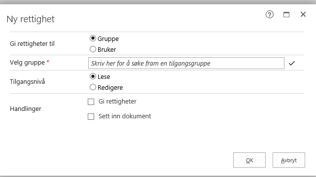 Du kan legge til nye rettigheter ved å klikke på «Ny rettighet». Du kan velge å gi rettigheten til en tilgangsgruppe da favner du mange på én gang. Skriv inn på linjen din enhet (ILP, POA osv.