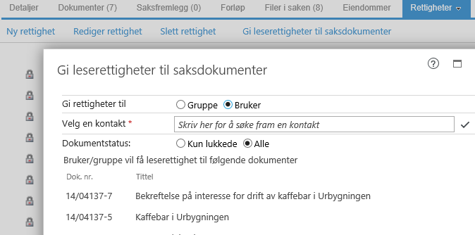 egne det blir kun lese-rettigheter du kan gi videre. Å gi rettighet til å sette inn dokumenter i saken kan også være greit, men ikke bestandig. Her har du muligheter til å styre mye.