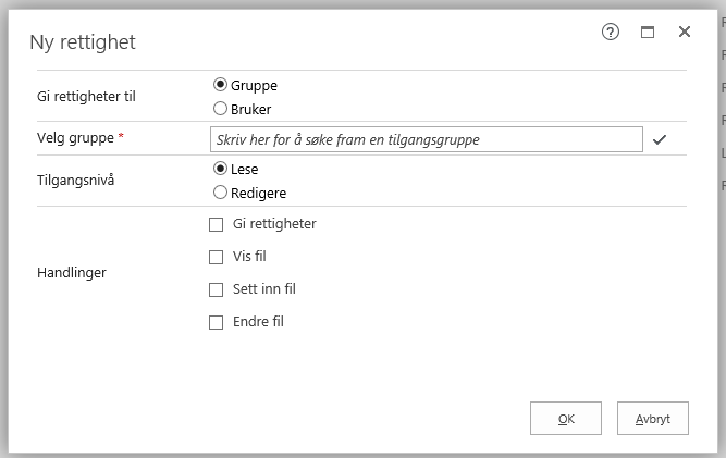 Bildet ser også annerledes ut når du skal fylle ut rettighetene på dokumentnivå. Valgene er flere enn ved ny rettighet på saksnivå.