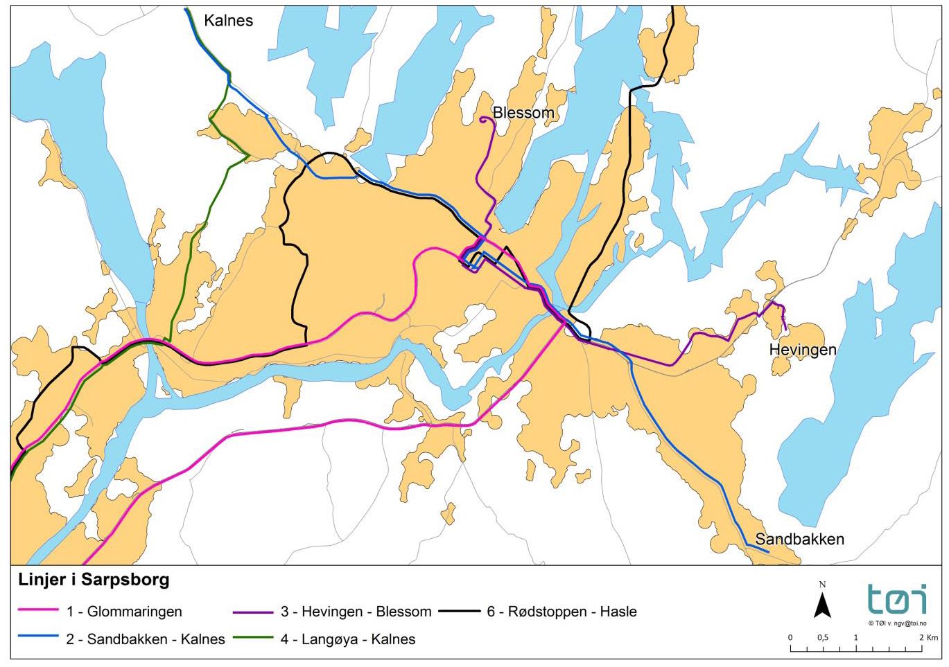 Hvordan skal Sarpsborg vokse rapport 43 Figur 36. Influensområde for forslag til rutenett med 6 stamlinjer 400 m luftlinje fra traseene. Kilde TØI rap 1170/2011.