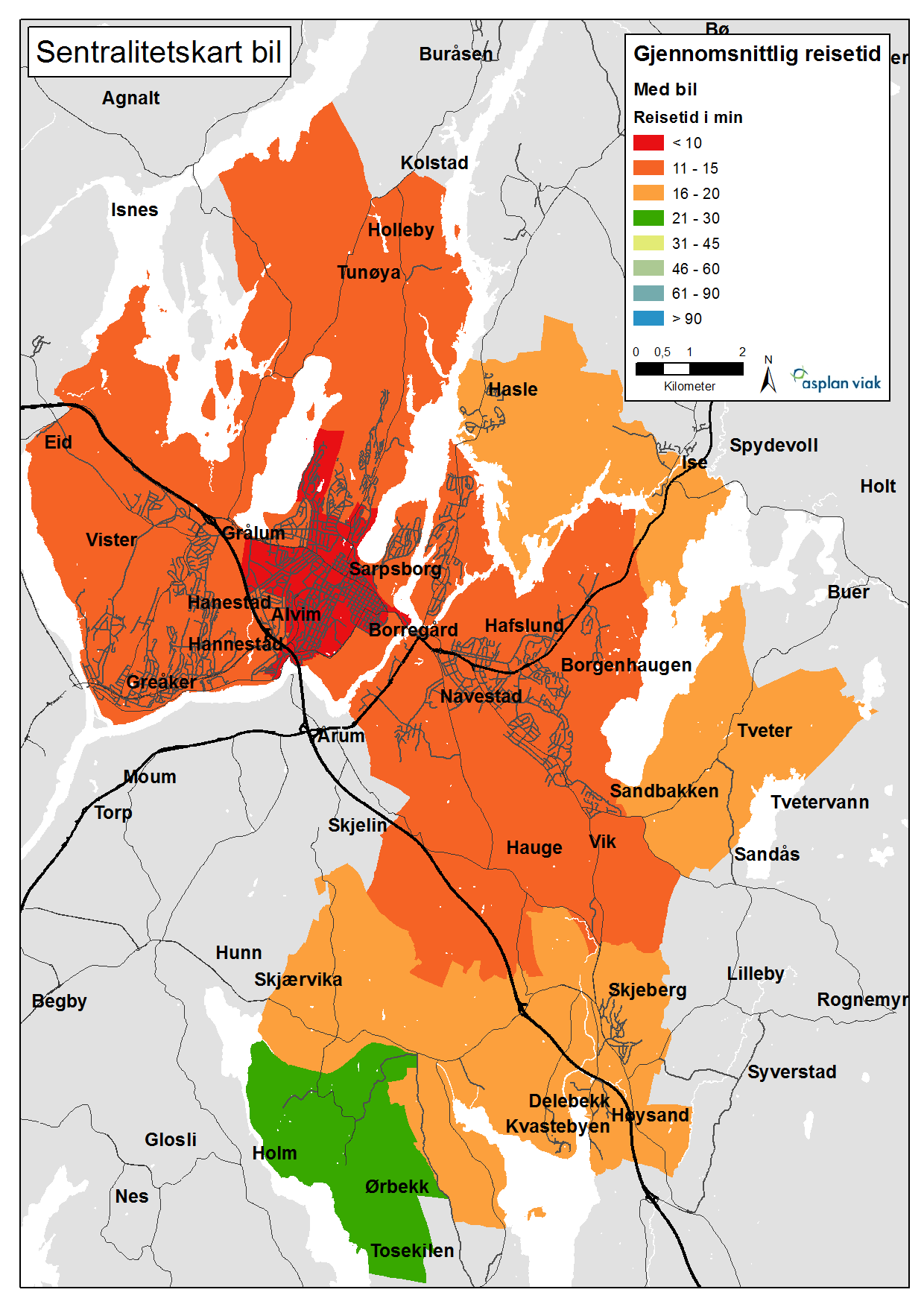 Hvordan skal Sarpsborg vokse rapport 45 Figur 38. Gjennomsnittlig reisetid på grunnkretsnivå med kollektivtransport for bosatte i Sarpsborg kommune.