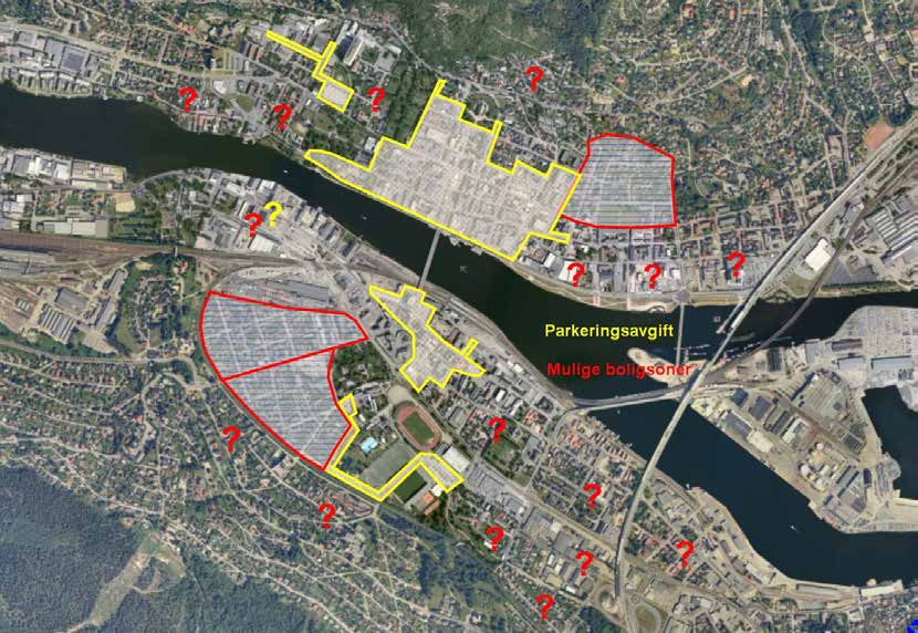 Figur 31. Parkeringstiltak i Drammen, november 2010. Parkeringsavgift i sentrum og boligsoneparkering i områdene rundt sentrum [Illustrasjon: Drammen kommune]. hver parkeringsplass ville øke.