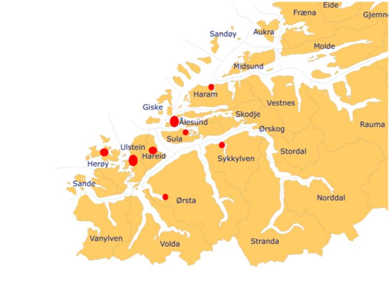 Planprogram - E39 Flytebruløsning mellom Hareid og Sula 7 1 INNLEDNING Sunnmøre, den sørvestlige delen av Møre og Romsdal, består av 17 kommuner - Giske, Haram, Hareid, Herøy, Norddal, Sande, Skodje,