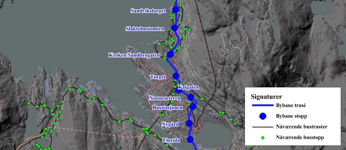 Bybanen på Bryggen/Torget, men bussene vil bli påvirket av den generelt økende trafikken på strekningen Figur 31: