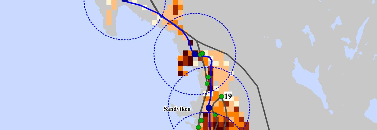 stambusslinjene 3-5 Som følge av store lokale høydeforskjeller, blir Sandviken også betjent av