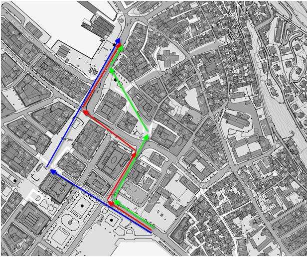 Driftskonsept for kollektivtrafikken mellom Bergen sentrum og Åsane 54 Figur 52: Mulige linjeføringer for Bybanen i Bergen sentrum I alternativene 2 og 3 kan det etableres en form for vendespor i