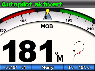 Betjene autopiloten for hurtigbåt Autopiloten følger mann over bord-mønsteret, og Styrekurs-skjermbildet viser retningen for svingen ➀.