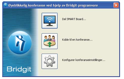 SMART Board verktøy Konferanse Velg øyeblikkelig konferanse fra SMART Board Verktøy menyen for å åpne øyeblikkelig konferanse ved hjelp av Bridgit programvare dialogboksen.