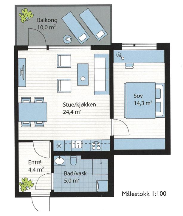 2-roms med to sengeplasser. BRA 52 m2 Leilighet prosjektert ihht TEK 97 med 51 m2 BRA. (7,7 m fasadelengde) Tilfredsstiller TEK 10 med små tilpasninger: DØR TIL SOV. Innredning bad rokkeres.