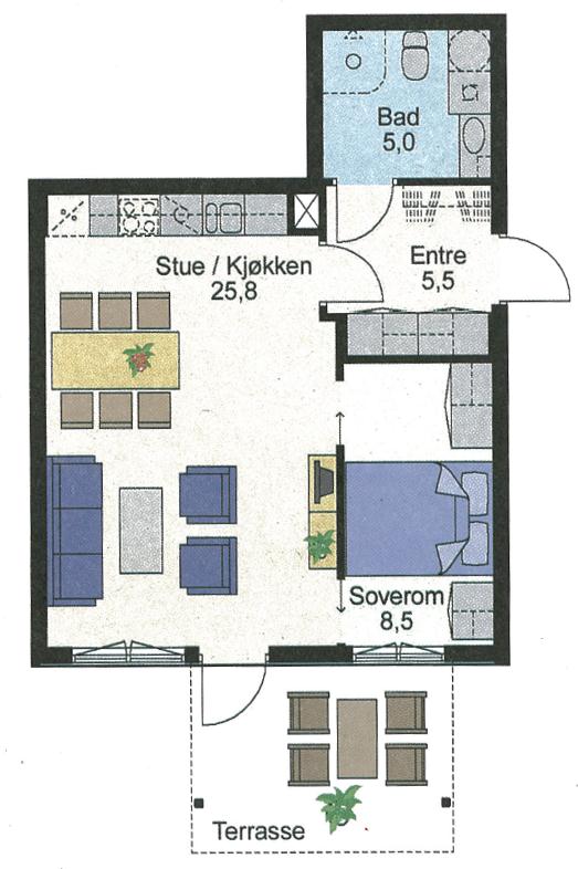 2-roms med to sengeplasser. BRA 48 m2 BOD 1,8 Leilighet prosjektert ihht TEK 97 med 46 m2 BRA. Fasadelengde 6,3m. Tilfredsstiller TEK 10 med små tilpasninger: Soverom lengde økes 10 cm.