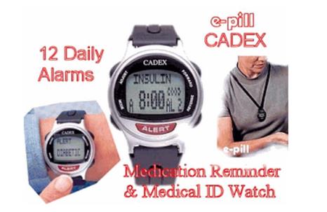 Flere medisindispensere knyttes opp mot standard-plattformer for varsling og kommunikasjon med bruker, f.eks. via klokke (her Cadex Paediatic) eller ipad/iphone. www.epill.com.