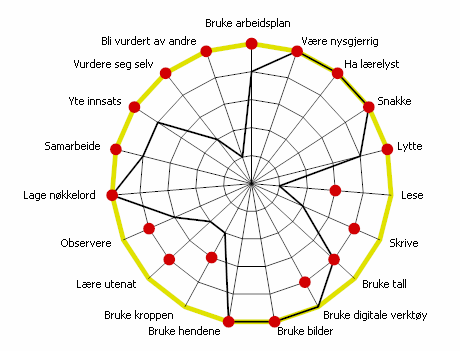 Oversikten over hvor ofte en benytter de ulike måtene å lære på (sort strek), ses videre opp mot hvor viktig en mener disse områdene er (røde prikker).