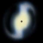 Gravitasjon trekker materie mot hullet som vist i den midterste figuren, og til høyre ser vi sluttresultatet: en elliptisk galakse med et