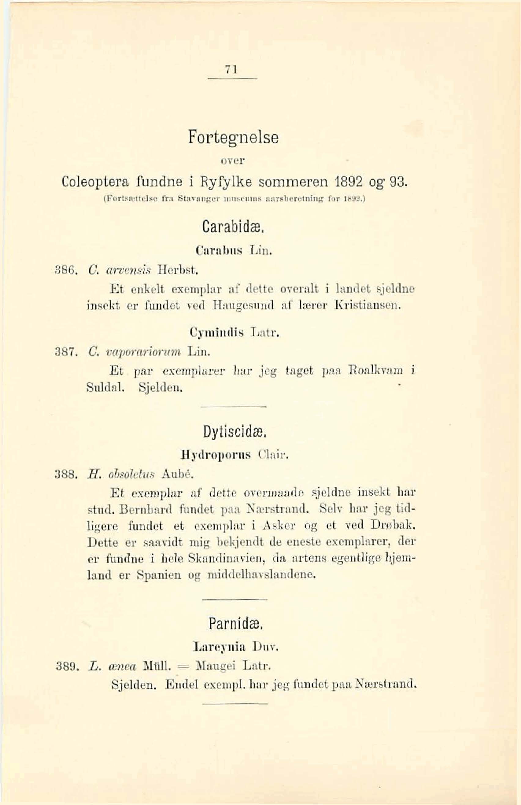 Fortegnel se over Colaoptera fhndne i RyQlke sommeren 1892 og 93. (Forliattdsc fra Slavanger iiinscomn nnmbcrctning for $808.) Carabidæ, Carabus Lin, 386. C. amettsis Horlist.