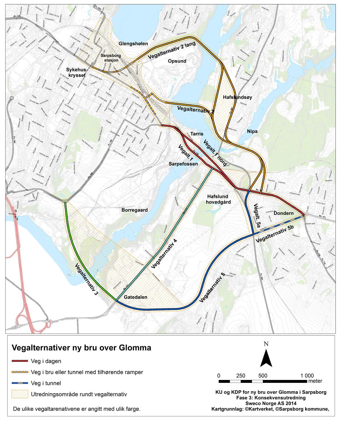 3 VEGALTERNATIVER Dagens bru krysser Glomma like nord for Sarpsfossen på østsiden av Sarpsborg sentrum.