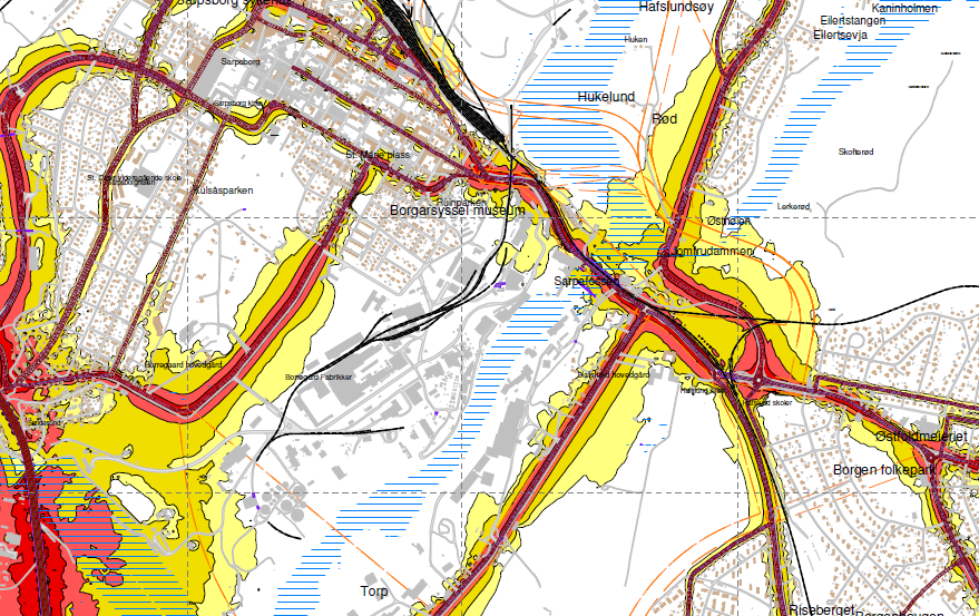 Figur 5-2. Støysonekart for antatt utvikling i 2030 med dagens vegsystem. Se støysoner for alle konseptene i vedlegg for den samfunnsøkonomiske analysen. 5.1.