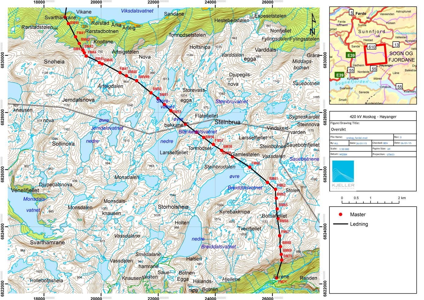 2 Metode og data 2.1 Ledningstrasé KVT/BEN/2015/R013 Denne rapporten omhandler et høyfjellsområde mellom Viksdalsvatnet og Høyanger hvor 420 kv kraftledningen Ørskog Fardal fremføres.