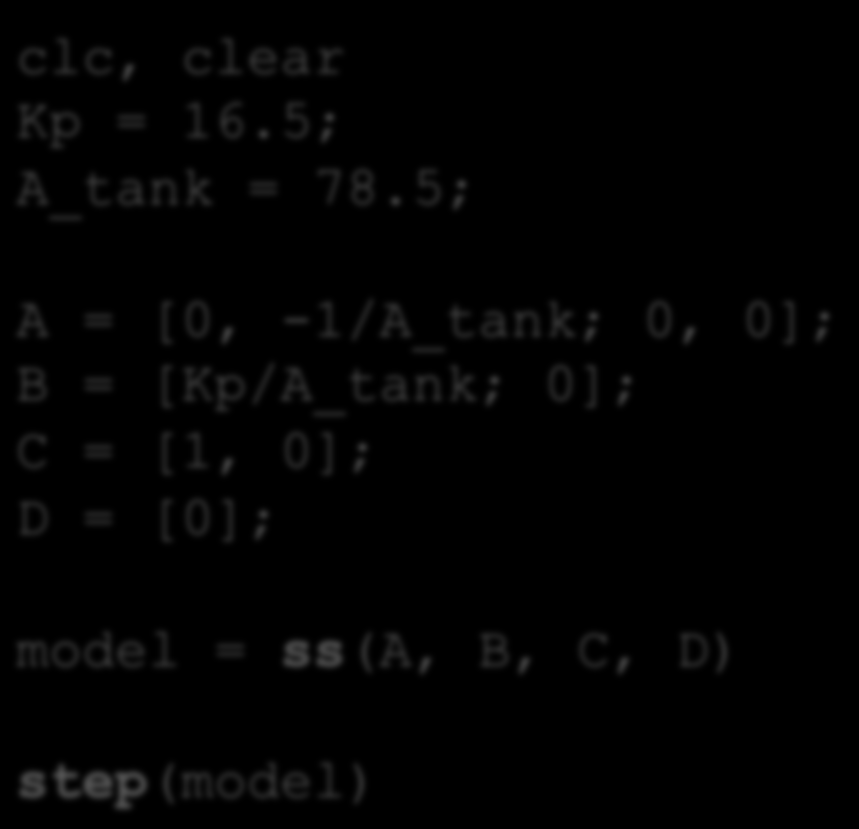 5; A = [0, -1/A_tank; 0, 0]; B = [Kp/A_tank; 0]; C