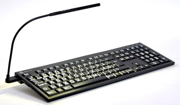 Tastatur med led-lys og store bokstaver Stilig tastatur med led lampe og store tydelige bokstaver.