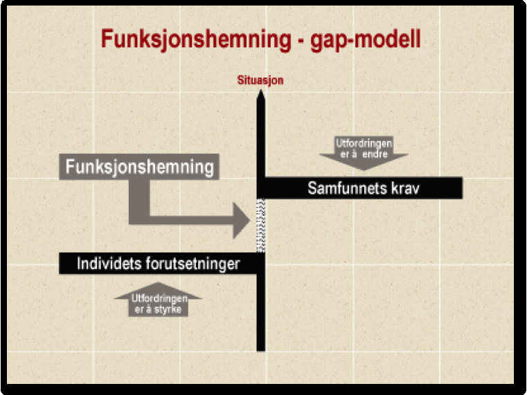 med den relasjonelle forståelsen; funksjonshemmingen oppstår fordi forholdene er funksjonshemmende, den ene har ikke forutsetninger for å mestre den andres forutsetninger.