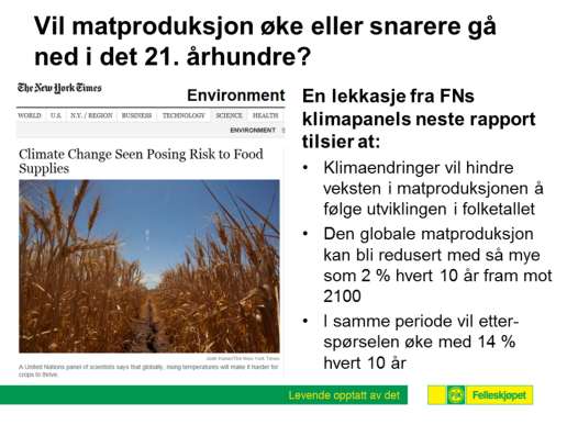 Det store spørsmålet er hvorvidt en vil klare å øke den globale matproduksjon eller om den snarere vil gå ned i det 21. århundre?