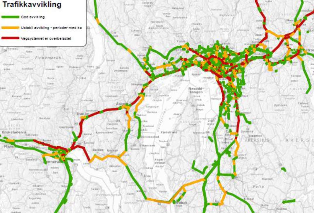 Figur 11 Rv23 og Fv167 har ikke behov for utbygging. E18 og trafikksystem Oslo Øst har store køproblemer. Trafikkavikling (kø) i 2030 hvis kun vedtatte planer ut 2013 blir gjennomført.