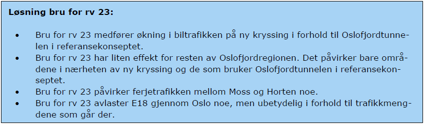 4. Bro på riksvei 23 skaper kun ny lokal trafikk Vegvesenet omtaler bro slik: "Bru for rv 23 har liten effekt for resten av Oslofjordregionen.