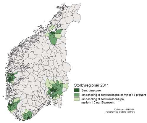 Byregionene vokser mest NIBR 2013 En ny avgrensning (2011) av de fem største storbyregionene i Norge (Oslo-, Kristiansand-, Stavanger-, Bergen- og Trondheimregionen) medfører at disse regionene