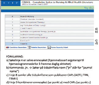 Søk etter primærstudier: CINAHL CINAHL er en helsefaglig database som registrerer mange av de internasjonale ergoterapitidsskriftene. En annen styrke er at den dekker kvalitativ forskning godt.