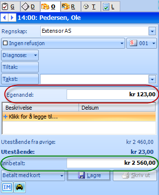 2.2 Betaling som overstiger frikort 2 Om en poliklinisk- eller dagpasient har mer enn 21 behandlinger eller egenandeler som overstiger kr. 2560 i løpet av et kalenderår, vil pasienten få frikort. 2.2.1 Registrere betaling fra den enkelte pasient Om pasienten ikke har gjort opp noen av konsultasjonen på forhånd, vil det vises i regningskortet som bildet til venstre.